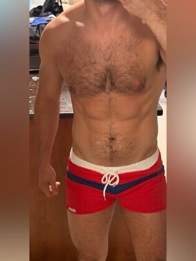 Men's Red Swim Board Shorts with Navy Accent